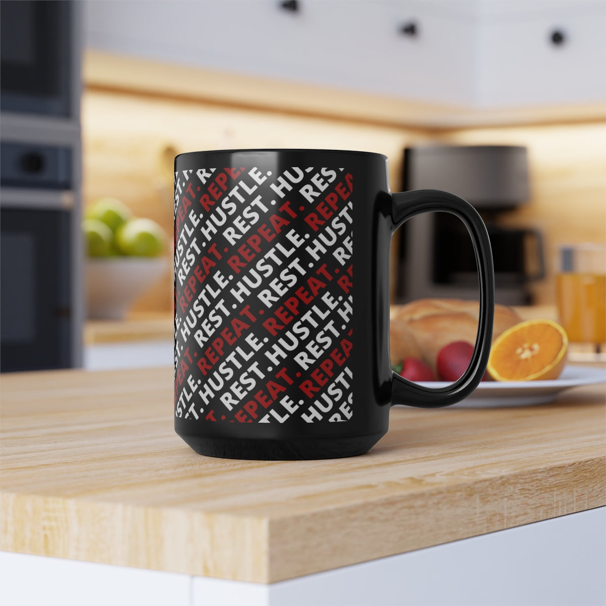 Hustle. Rest. Repeat. Black Mug, 15oz