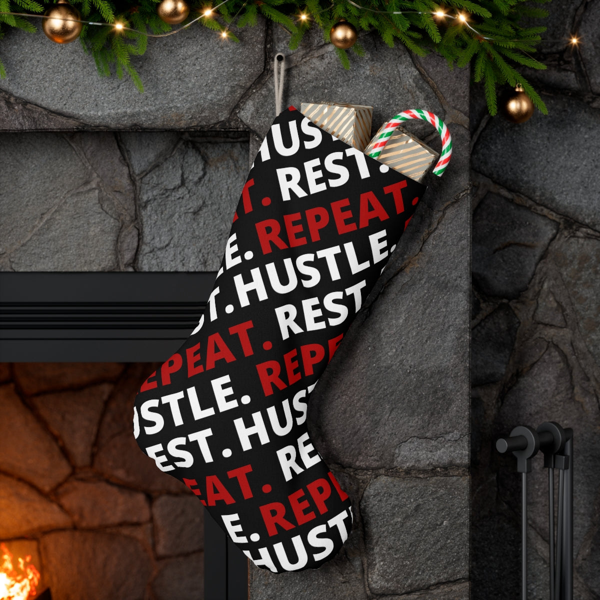 Hustle. Rest. Repeat. Santa Stocking - Black