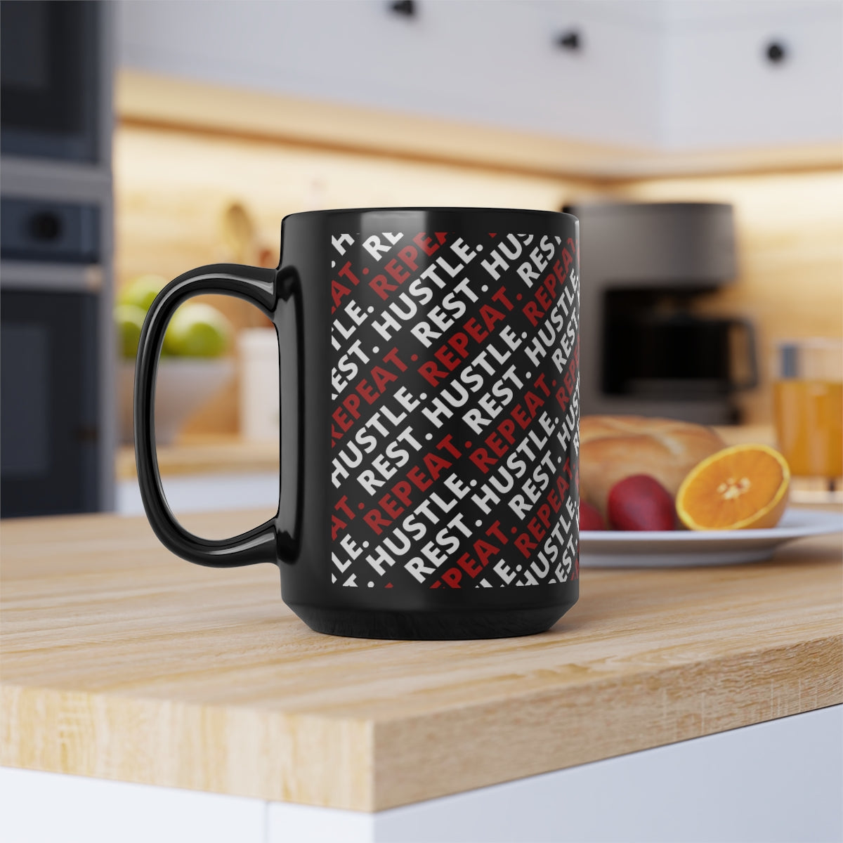 Hustle. Rest. Repeat. Black Mug, 15oz